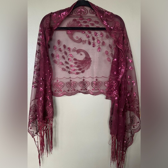unbranded Accessories - EUC Asian Peacock Shawl Scarf Wrap Elegant Formal Evening Wear Red Sequin Fringe